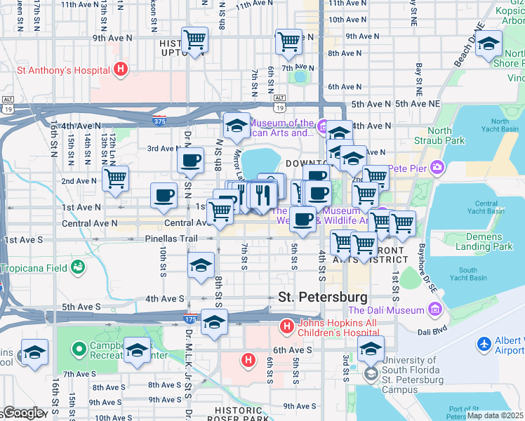 map of restaurants, bars, coffee shops, grocery stores, and more near 647 1st Avenue North in St. Petersburg