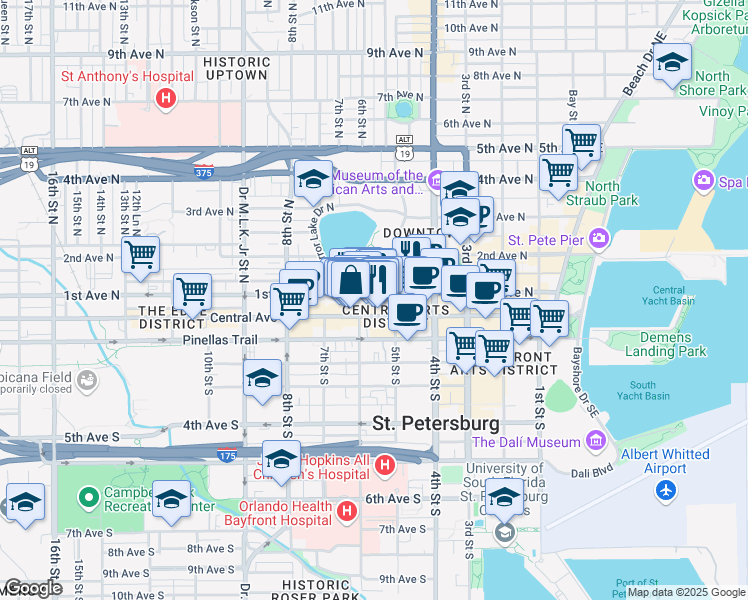 map of restaurants, bars, coffee shops, grocery stores, and more near 545 1st Avenue North in St. Petersburg