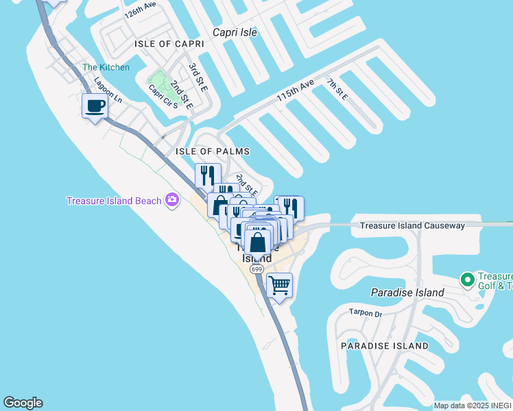 map of restaurants, bars, coffee shops, grocery stores, and more near 125 110th Avenue in Treasure Island