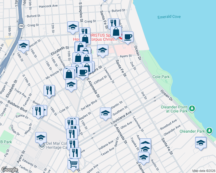 map of restaurants, bars, coffee shops, grocery stores, and more near 416 Cole Street in Corpus Christi