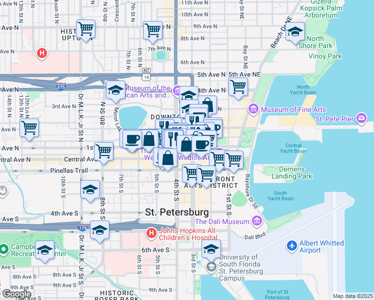 map of restaurants, bars, coffee shops, grocery stores, and more near 377 1st Avenue North in St. Petersburg
