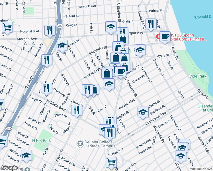 map of restaurants, bars, coffee shops, grocery stores, and more near 1701 Ayers Street in Corpus Christi
