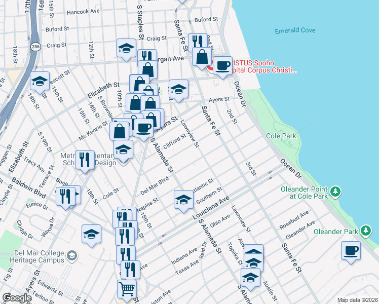 map of restaurants, bars, coffee shops, grocery stores, and more near 416 Cole Street in Corpus Christi