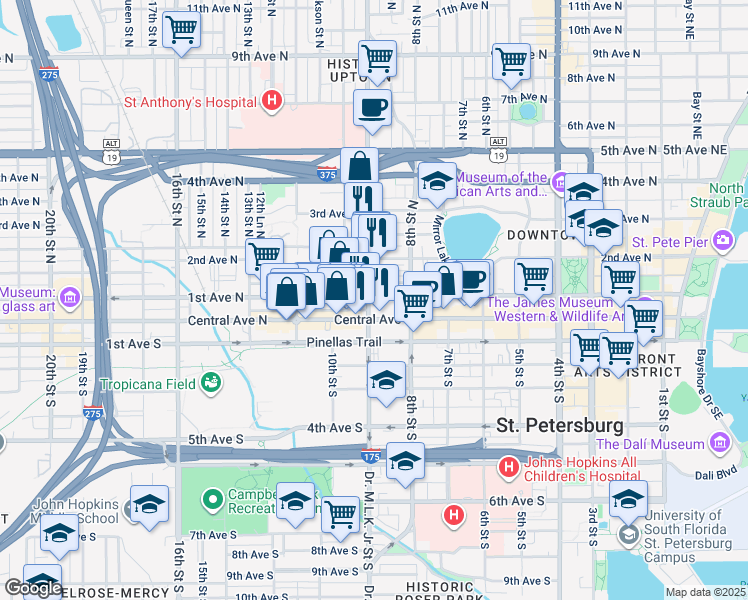 map of restaurants, bars, coffee shops, grocery stores, and more near 913 1st Avenue North in St. Petersburg