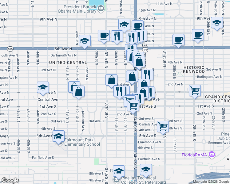 map of restaurants, bars, coffee shops, grocery stores, and more near 3646 2nd Avenue North in St. Petersburg