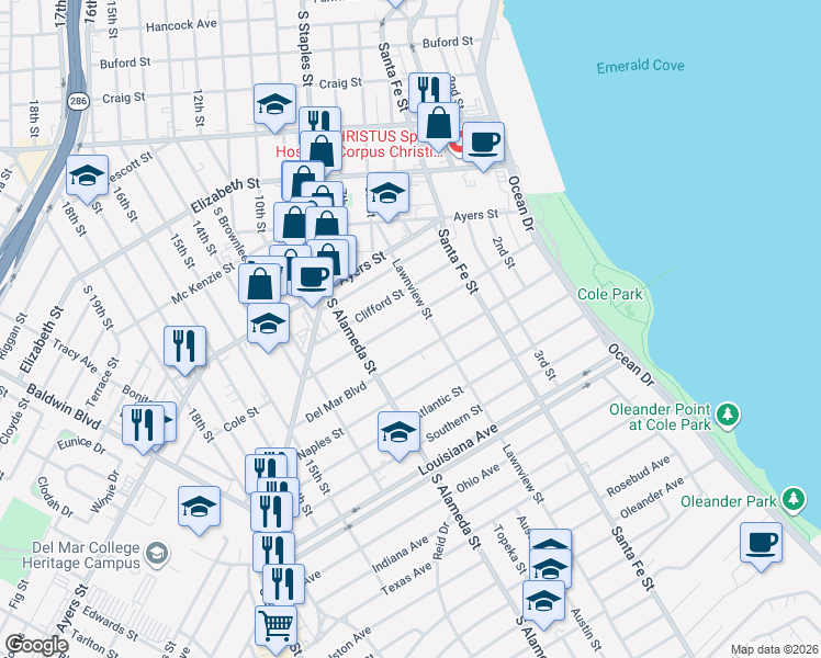 map of restaurants, bars, coffee shops, grocery stores, and more near 416 Cole Street in Corpus Christi