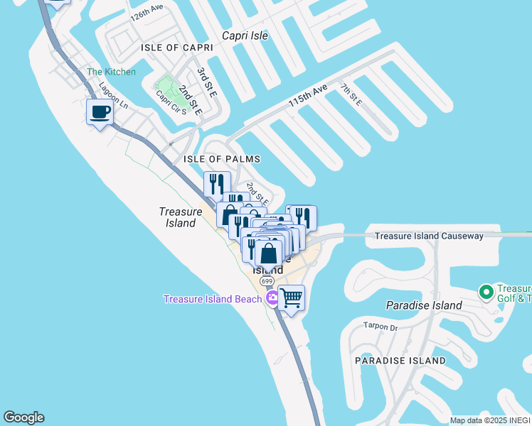 map of restaurants, bars, coffee shops, grocery stores, and more near 245 110th Avenue in Treasure Island