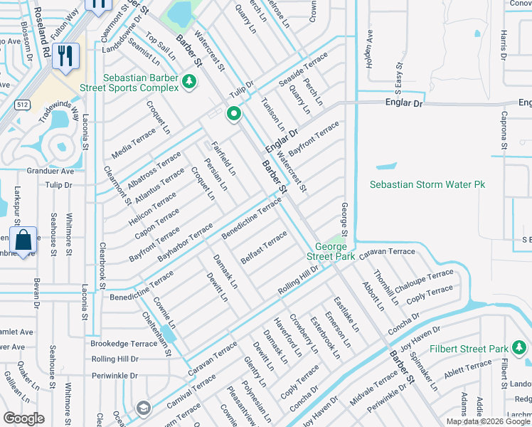 map of restaurants, bars, coffee shops, grocery stores, and more near 510 Benedictine Terrace in Sebastian