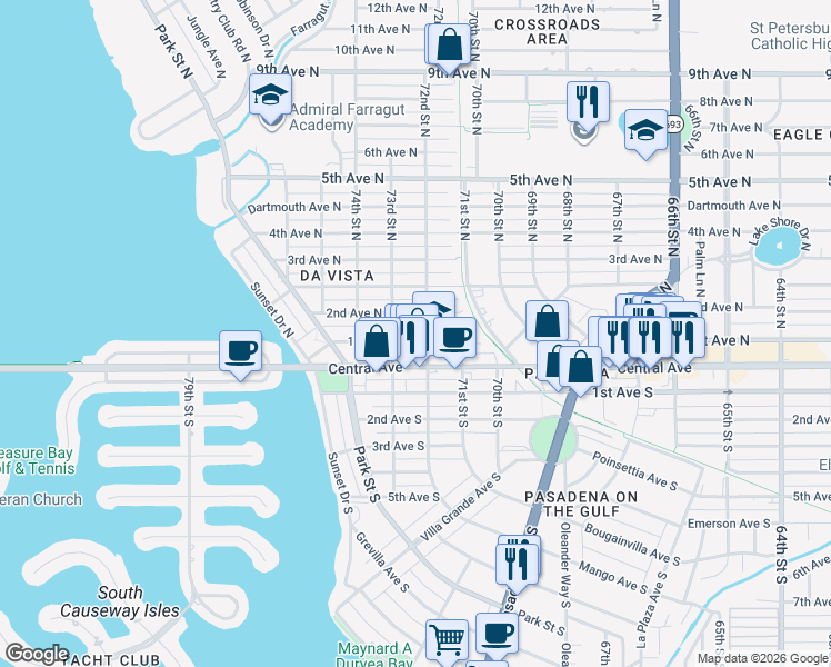 map of restaurants, bars, coffee shops, grocery stores, and more near 7209 1st Avenue North in St. Petersburg