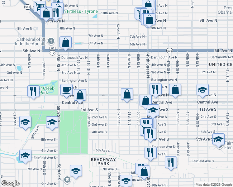 map of restaurants, bars, coffee shops, grocery stores, and more near 5206 2nd Avenue North in St. Petersburg