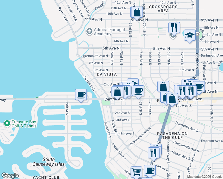 map of restaurants, bars, coffee shops, grocery stores, and more near 7430 2nd Avenue North in St. Petersburg