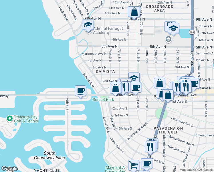 map of restaurants, bars, coffee shops, grocery stores, and more near 7430 2nd Avenue North in St. Petersburg