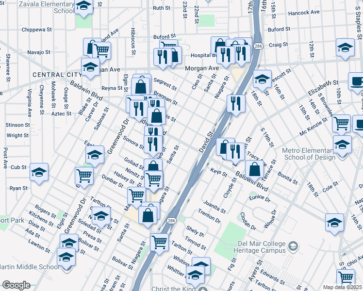 map of restaurants, bars, coffee shops, grocery stores, and more near 2626 Sarita Street in Corpus Christi