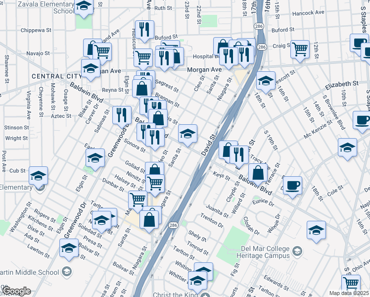 map of restaurants, bars, coffee shops, grocery stores, and more near 2209 Baldwin Boulevard in Corpus Christi
