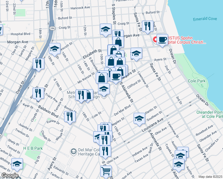 map of restaurants, bars, coffee shops, grocery stores, and more near 1320 Ayers Street in Corpus Christi
