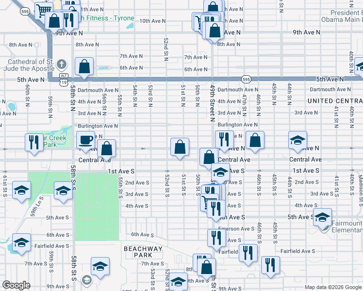 map of restaurants, bars, coffee shops, grocery stores, and more near 122 51st Street North in St. Petersburg