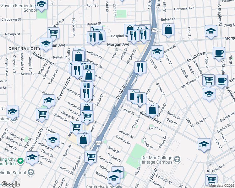map of restaurants, bars, coffee shops, grocery stores, and more near 2606 Niagara Street in Corpus Christi