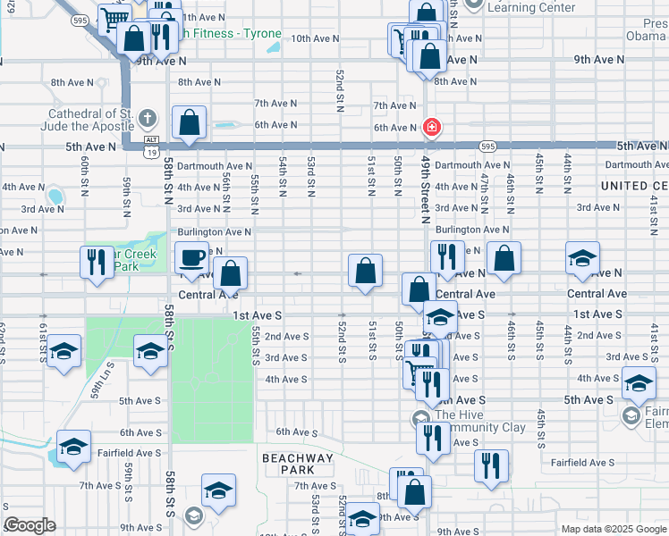 map of restaurants, bars, coffee shops, grocery stores, and more near 5206 2nd Avenue North in St. Petersburg