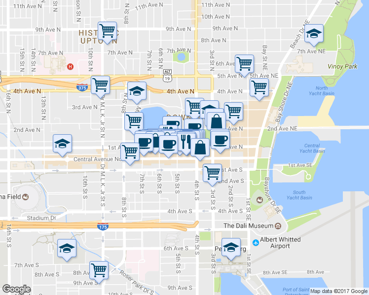 map of restaurants, bars, coffee shops, grocery stores, and more near 467 1st Ave N in St Petersburg