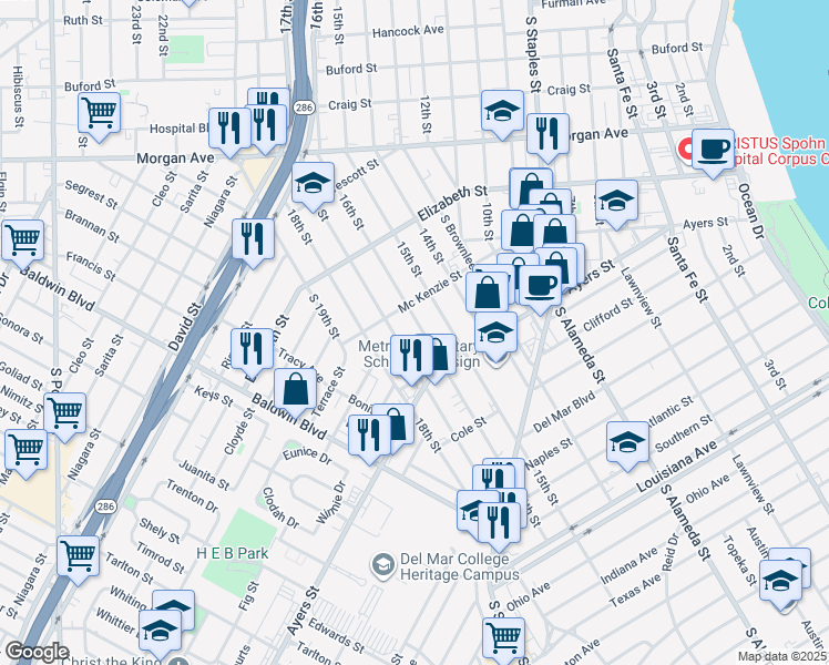 map of restaurants, bars, coffee shops, grocery stores, and more near 1913 Mc Kenzie Street in Corpus Christi