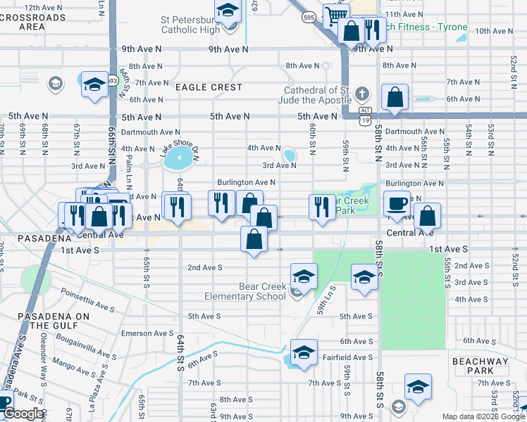 map of restaurants, bars, coffee shops, grocery stores, and more near 6132 2nd Avenue North in St. Petersburg