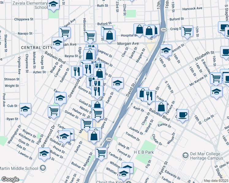 map of restaurants, bars, coffee shops, grocery stores, and more near 2702 Sarita Street in Corpus Christi