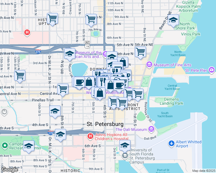 map of restaurants, bars, coffee shops, grocery stores, and more near 377 1st Avenue North in St. Petersburg