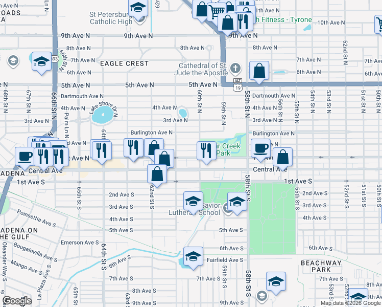map of restaurants, bars, coffee shops, grocery stores, and more near 6056 2nd Avenue North in St. Petersburg