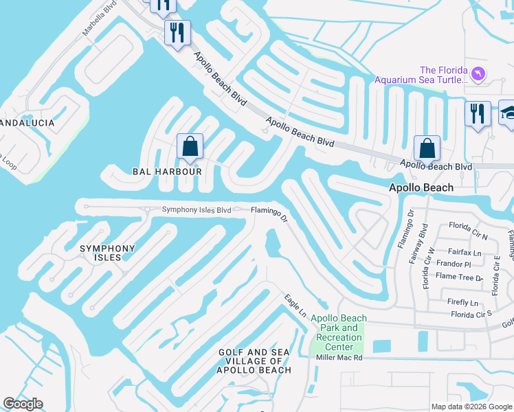 map of restaurants, bars, coffee shops, grocery stores, and more near 801 Flamingo Drive in Apollo Beach