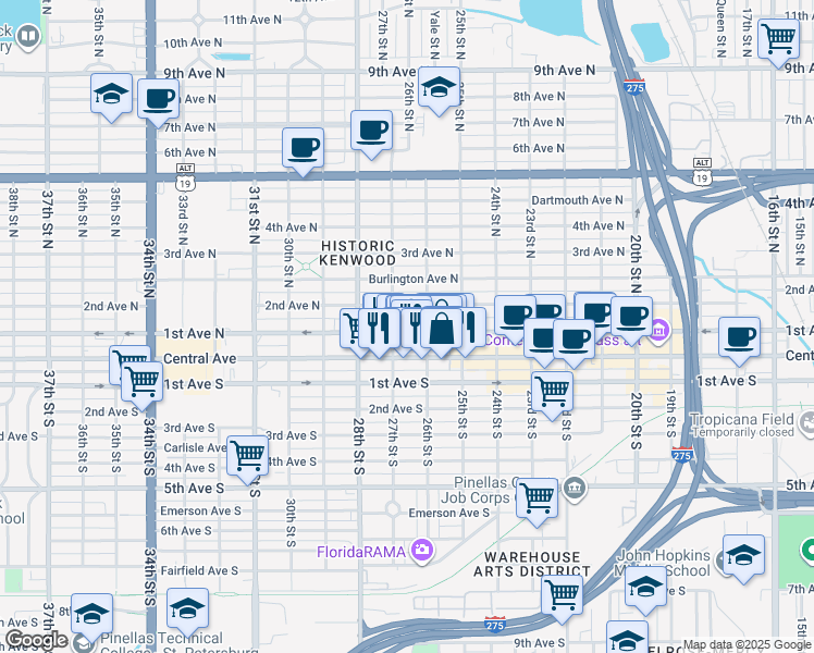 map of restaurants, bars, coffee shops, grocery stores, and more near 2650 2nd Avenue North in St. Petersburg