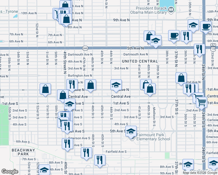 map of restaurants, bars, coffee shops, grocery stores, and more near 4420 2nd Avenue North in St. Petersburg