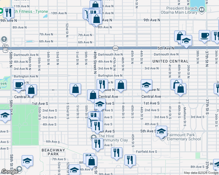 map of restaurants, bars, coffee shops, grocery stores, and more near 4744 2nd Avenue North in St. Petersburg