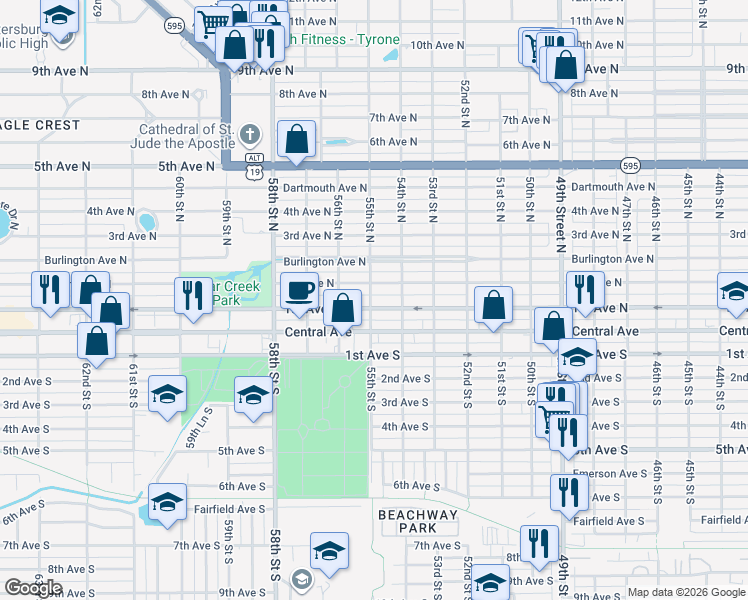 map of restaurants, bars, coffee shops, grocery stores, and more near 5516 2nd Avenue North in Saint Petersburg