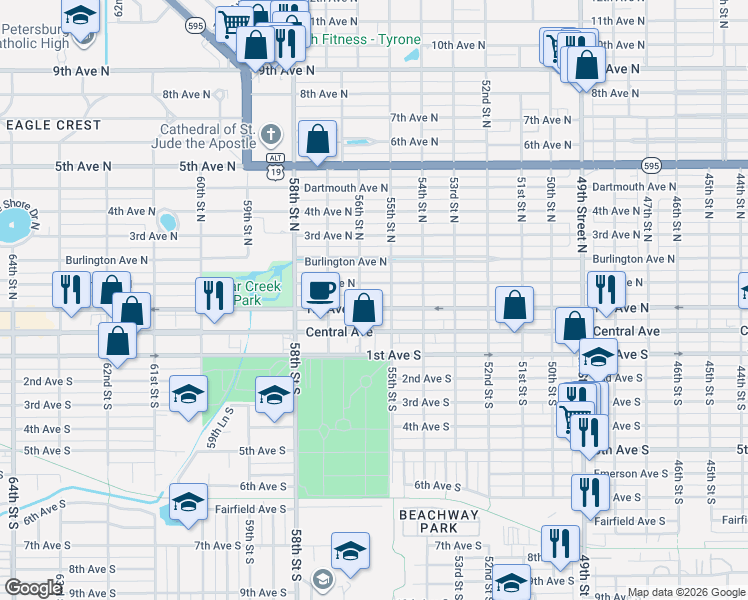 map of restaurants, bars, coffee shops, grocery stores, and more near 5516 2nd Avenue North in St. Petersburg