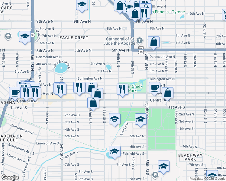 map of restaurants, bars, coffee shops, grocery stores, and more near 6056 2nd Avenue North in St. Petersburg