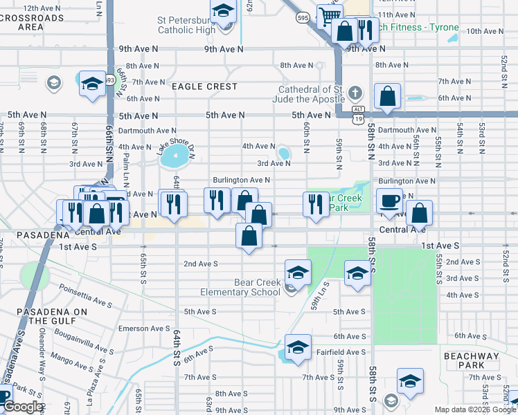 map of restaurants, bars, coffee shops, grocery stores, and more near 6132 2nd Avenue North in St. Petersburg