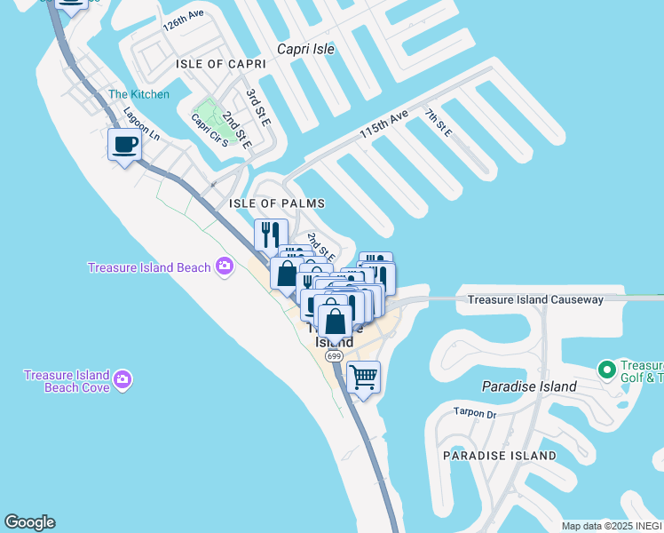 map of restaurants, bars, coffee shops, grocery stores, and more near 245 110th Avenue in Treasure Island