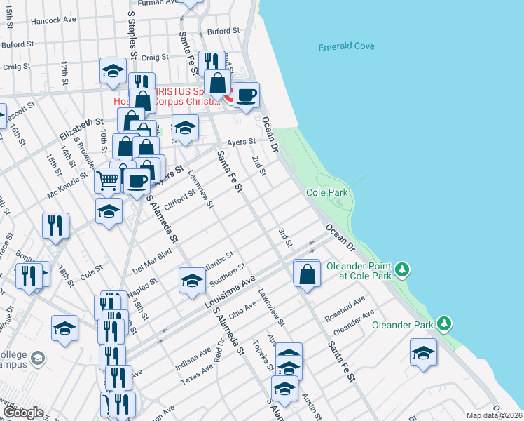map of restaurants, bars, coffee shops, grocery stores, and more near 145 Del Mar Boulevard in Corpus Christi