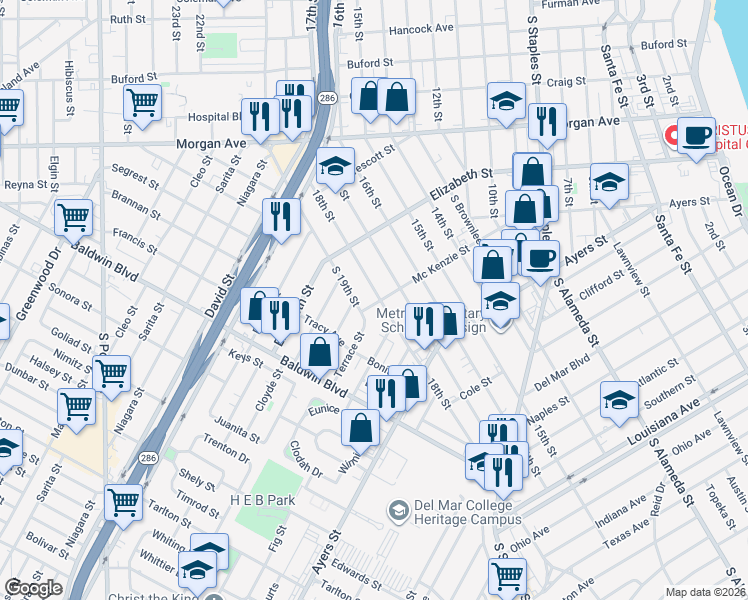 map of restaurants, bars, coffee shops, grocery stores, and more near 1552 18th Street in Corpus Christi