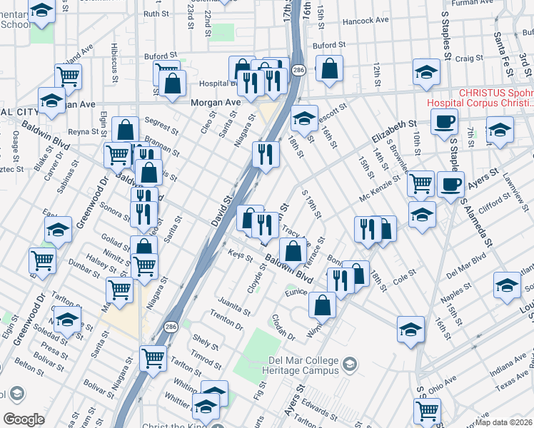map of restaurants, bars, coffee shops, grocery stores, and more near 2441 Riggan Street in Corpus Christi