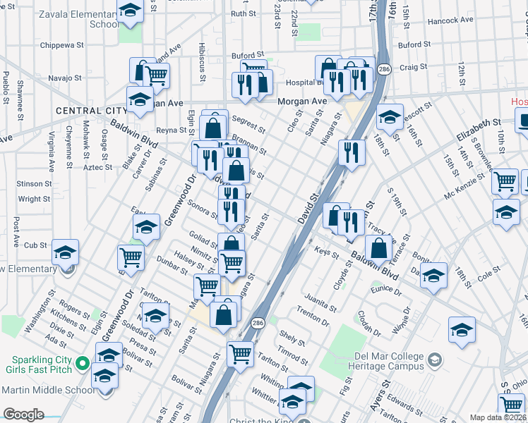 map of restaurants, bars, coffee shops, grocery stores, and more near 2626 Sarita Street in Corpus Christi