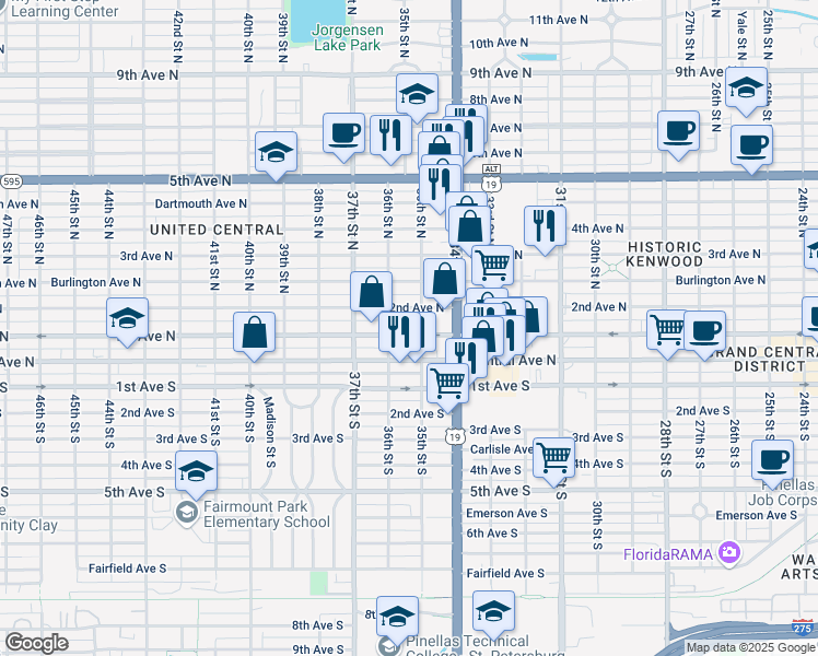 map of restaurants, bars, coffee shops, grocery stores, and more near 3526 2nd Avenue North in St. Petersburg