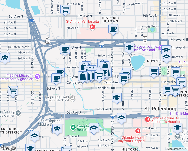 map of restaurants, bars, coffee shops, grocery stores, and more near 124 11th Street North in St. Petersburg