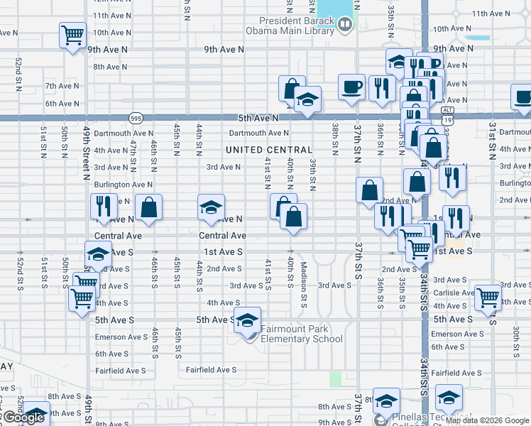 map of restaurants, bars, coffee shops, grocery stores, and more near 4100 2nd Avenue North in St. Petersburg