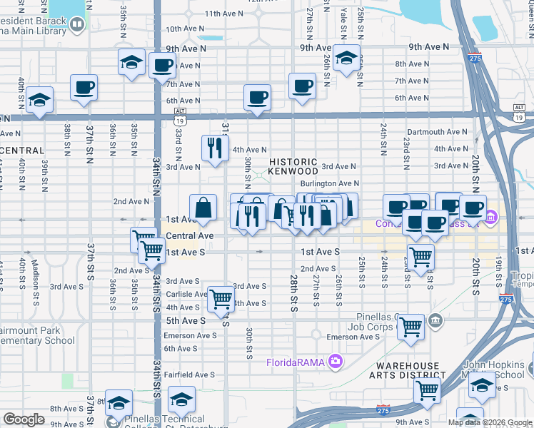 map of restaurants, bars, coffee shops, grocery stores, and more near 125 29th Street South in St. Petersburg