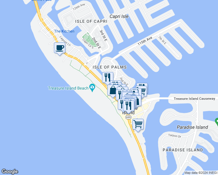 map of restaurants, bars, coffee shops, grocery stores, and more near 11165 Gulf Boulevard in Treasure Island