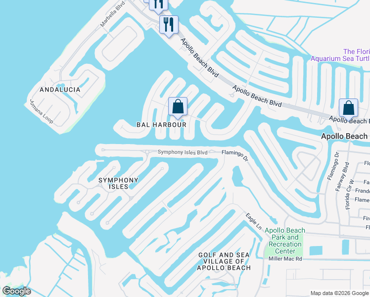 map of restaurants, bars, coffee shops, grocery stores, and more near 843 Symphony Isles Boulevard in Apollo Beach