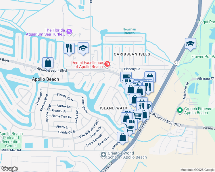 map of restaurants, bars, coffee shops, grocery stores, and more near 412 Island Cay Way in Apollo Beach
