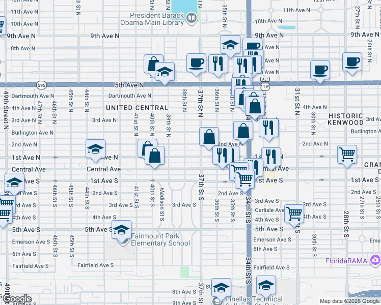 map of restaurants, bars, coffee shops, grocery stores, and more near 3745 1st Avenue North in St. Petersburg