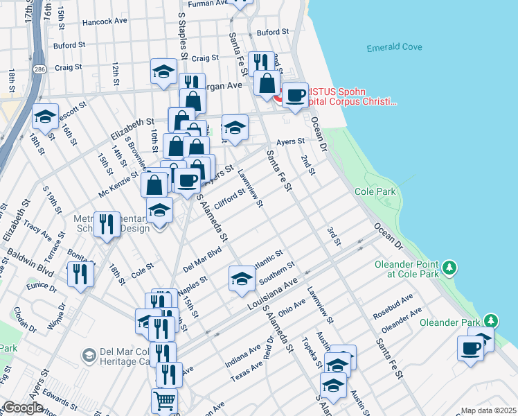 map of restaurants, bars, coffee shops, grocery stores, and more near 401 Cole Street in Corpus Christi